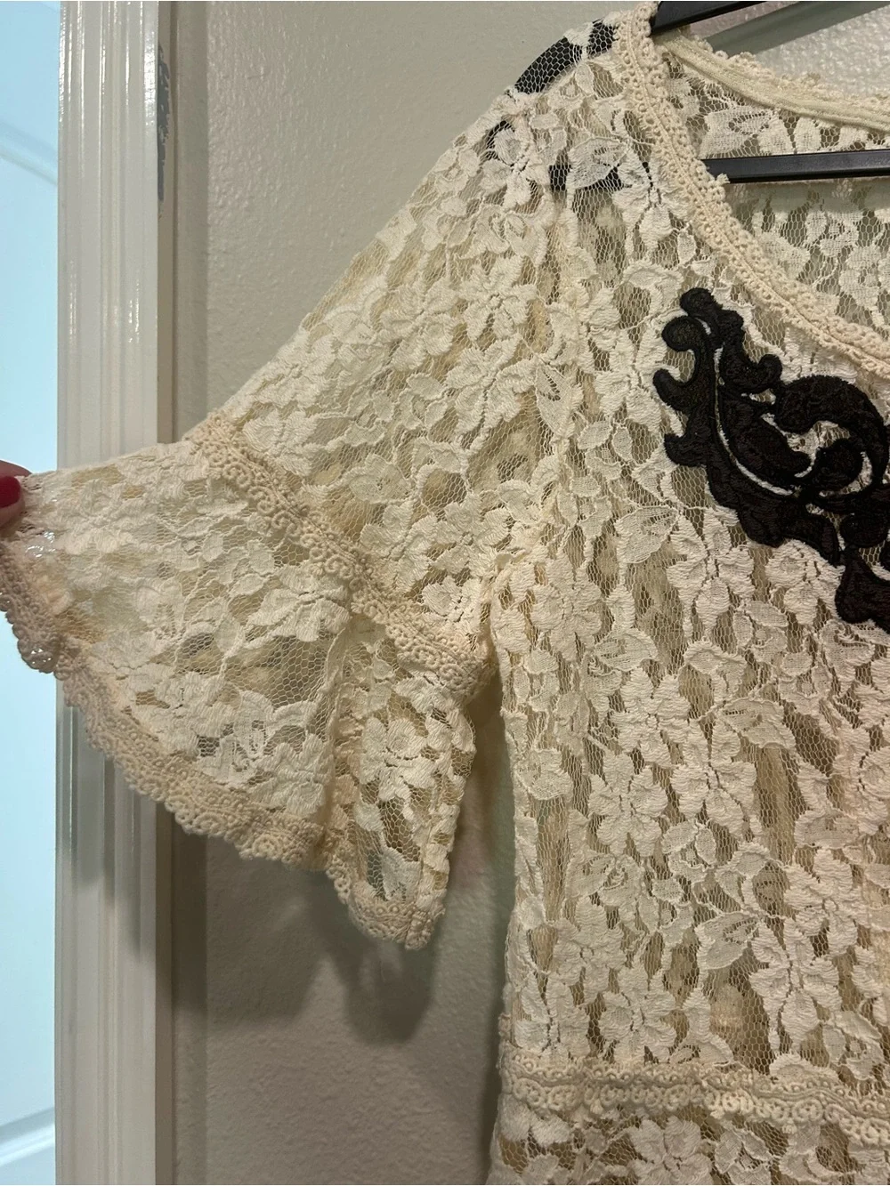 Free People Cream Lace Peplum Top with Navy/Black Appliqué